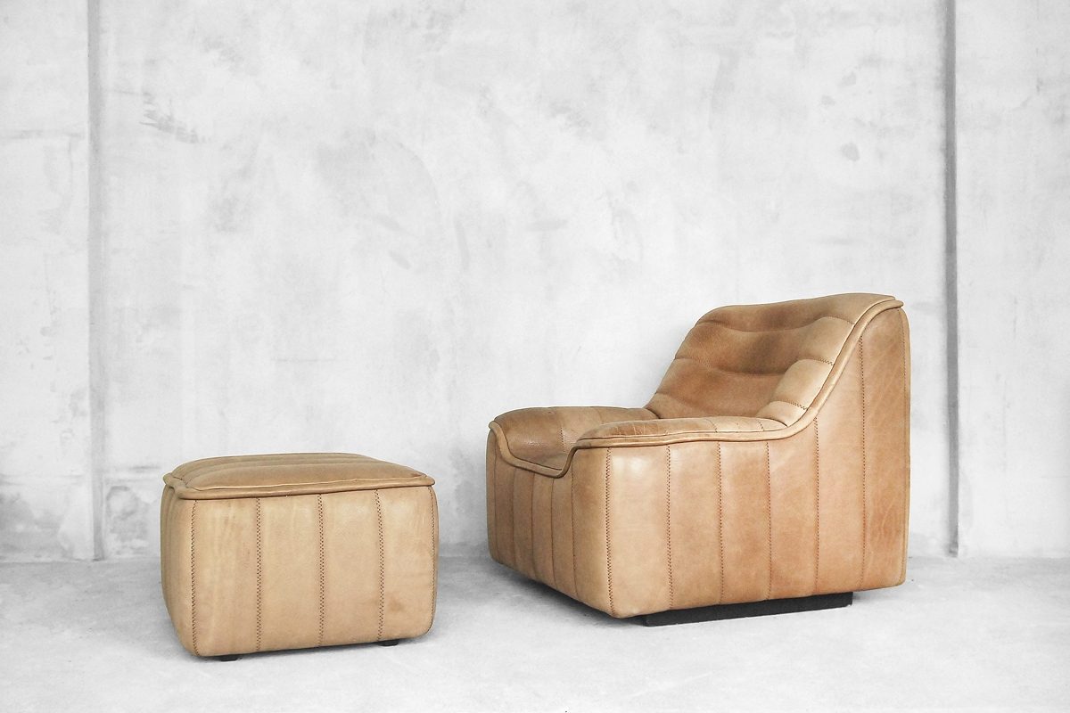 Skórzany komplet wypoczynkowy De Sede: sofa i fotel z podnóżkiem, lata 70 - vintage design od garage garage