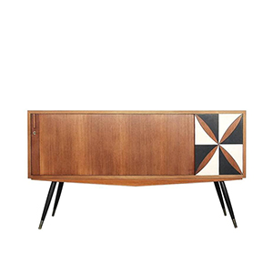 Vintage Mid-Century Danish Modern Teak Drum Roll Door Sideboard with Decorative Black and White Pattern, 1950s
