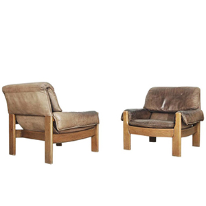 Pair of Vintage Mid-Century Danish Modern Brown Leather & Oak Lounge Chairs, 1960s