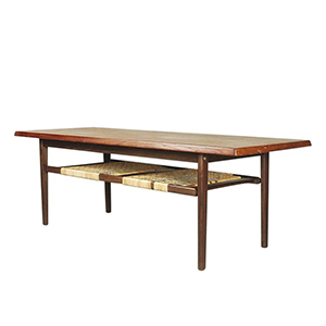 Vintage Mid-Century Danish Modern Teak Coffee Table with Cane Shelf, 1960s