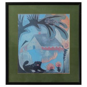 Vintage Color Lithograph in the Trend of Primitivism – Naive Art – Framed – 1980s