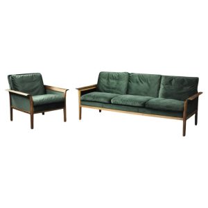 Vintage Mid-Century Norwegian Modern Rosewood & Bottle Green Velour 3-Seater Sofa and Chair by Knut Sæter for Vatne Møbler, 1960s, Set of 2