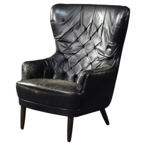 Vintage Mid-Century Danish Modern Quilted Black Leather Wing Chair, 1960s
