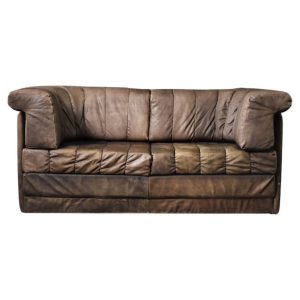 Vintage Mid-Century Modern German Brutalist 2-Seater Brown Leather Bed Sofa, 1970s
