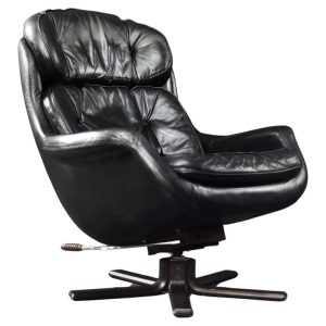 Vintage Mid-Century Scandinavian Modern Black Leather Lounge Swivel Chair, 1970s