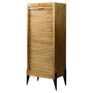 Vintage Industrial Danish Roller Shutter Brown Oak Cabinet with Multiple Drawers, 1950s