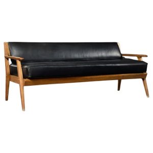 Vintage Mid-Century German Modern Oak & Black Leather Sofa, 1960s