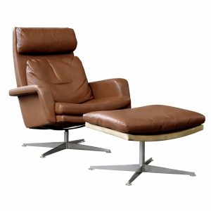 Vintage Mid-Century Danish Modern Brown Leather Swivel Chair & Ottoman, 1970s, Set of 2