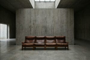 Brutalistyczna skórzana sofa modułowa + fotel – Holandia – lata 50