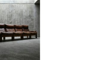 Brutalistyczna skórzana sofa modułowa + fotel – Holandia – lata 50