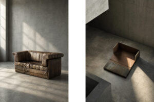 Dwuosobowa brutalistyczna skórzana sofa z funkcją spania, Niemcy, lata 70. - Brutalizm design od GARAGE GARAGE