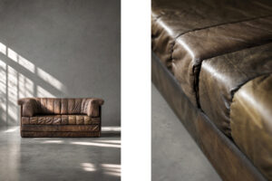 Dwuosobowa brutalistyczna skórzana sofa z funkcją spania, Niemcy, lata 70. - Brutalizm design od GARAGE GARAGE