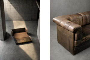 Dwuosobowa brutalistyczna skórzana sofa z funkcją spania, Niemcy, lata 70. - Brutalizm design od GARAGE GARAGE