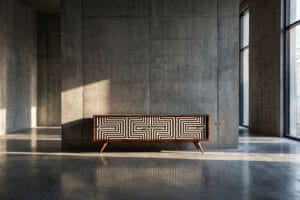 Brzozowy sideboard z malaturą w stylu Op-Art – Szwecja – lata 60