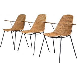 Komplet 3 rattanowych foteli Basket – proj. G. F. Legler – Włochy – lata 50