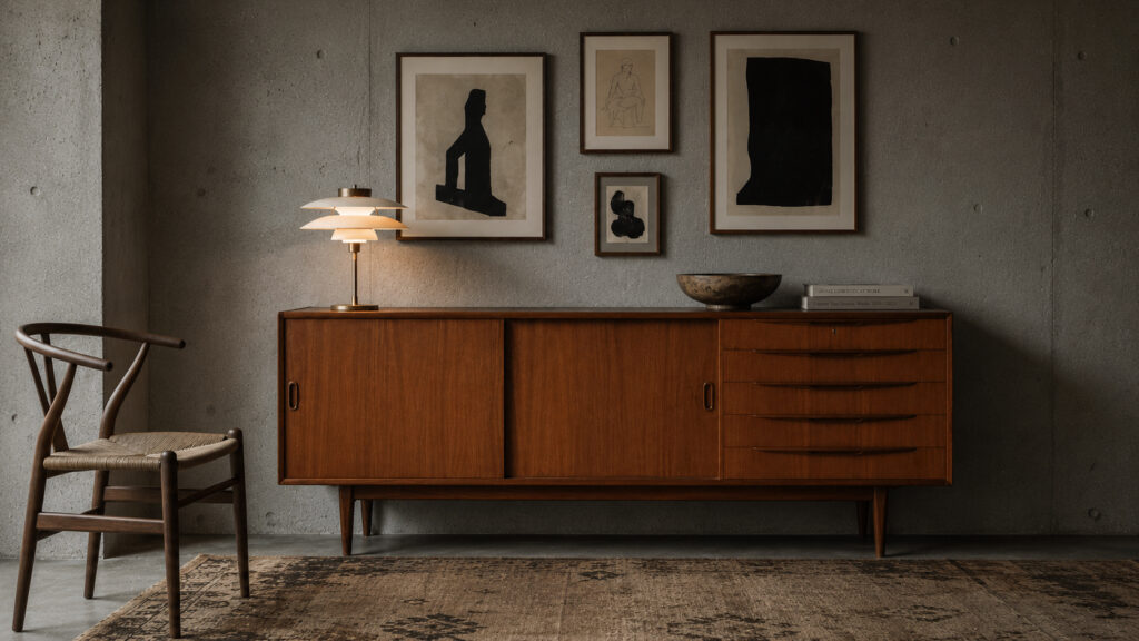 Tekowy sideboard z krzesłem i lampą stołową w salonie