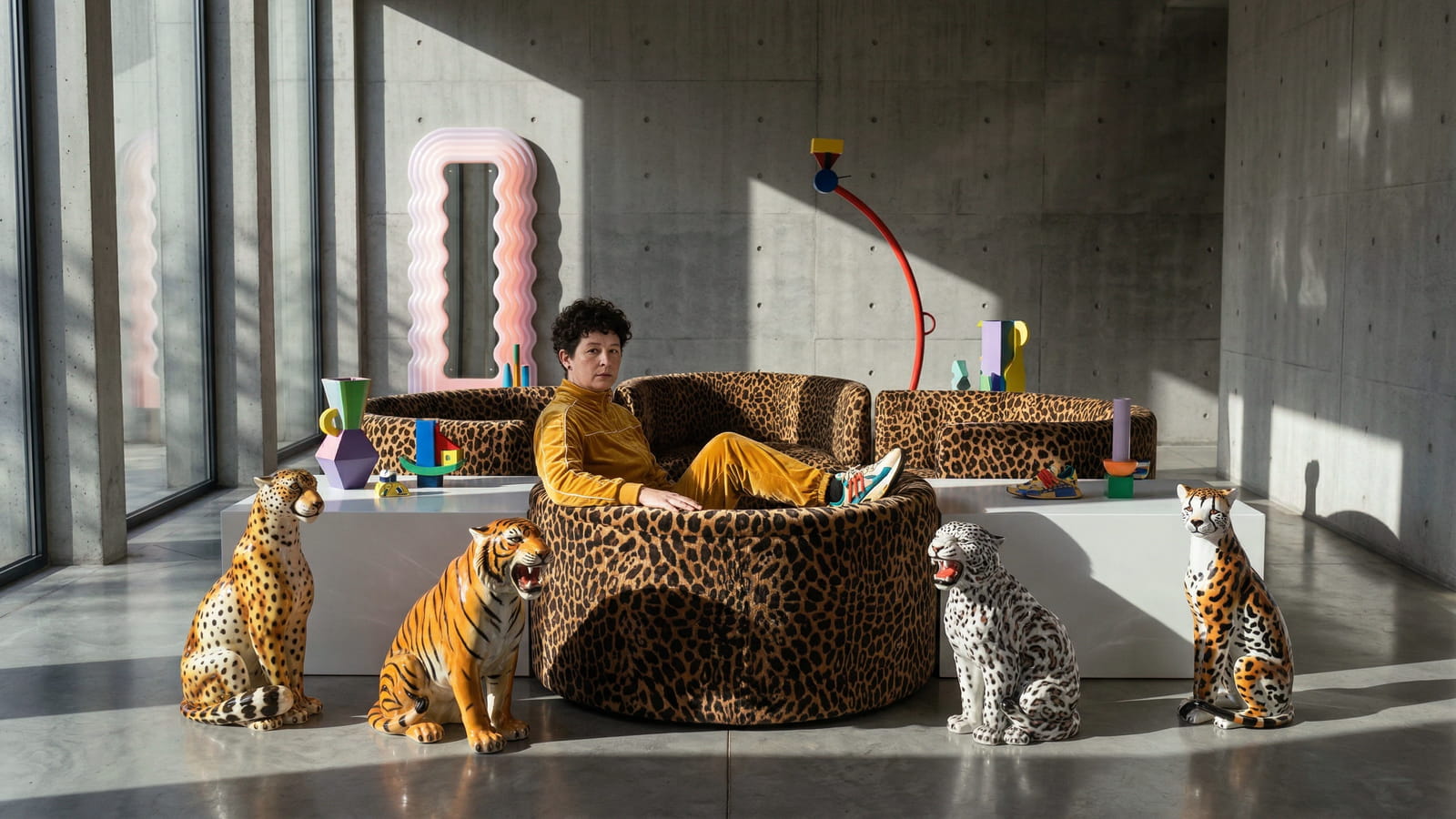 Sofa w cętkowanej tapicerce i porcelanowe figury lampartów