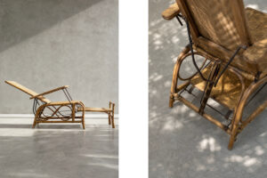 Rattanowy fotel z wysuwanym podnóżkiem, Niemcy, lata 30. - Bauhaus design od GARAGE GARAGE