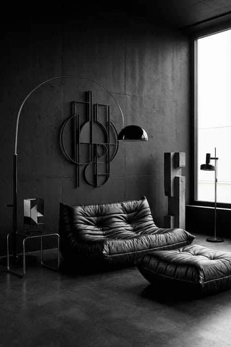 Czarna sofa modułowa i lampa łukowa w ciemnym wnętrzu
