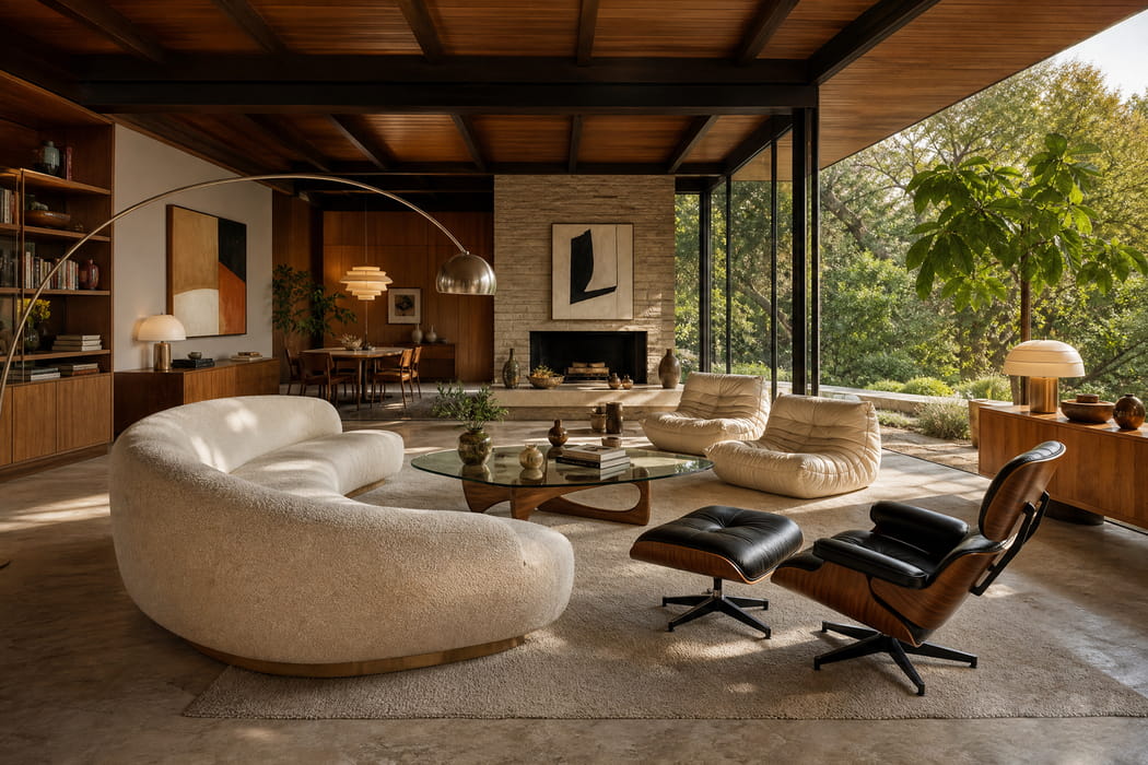 Salon w stylu mid-century modern z fotelem i organiczną sofą